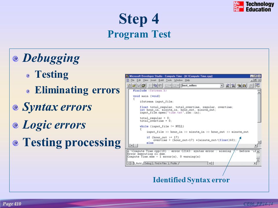 CE06_PP14-14 Step 4 Program Test Debugging Testing Eliminating errors Syntax errors Logic errors Testing processing Page 410 Identified Syntax error