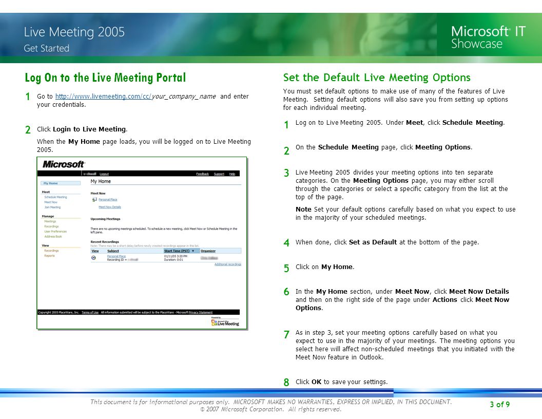 3 of 9 Live Meeting 2005 divides your meeting options into ten separate categories.