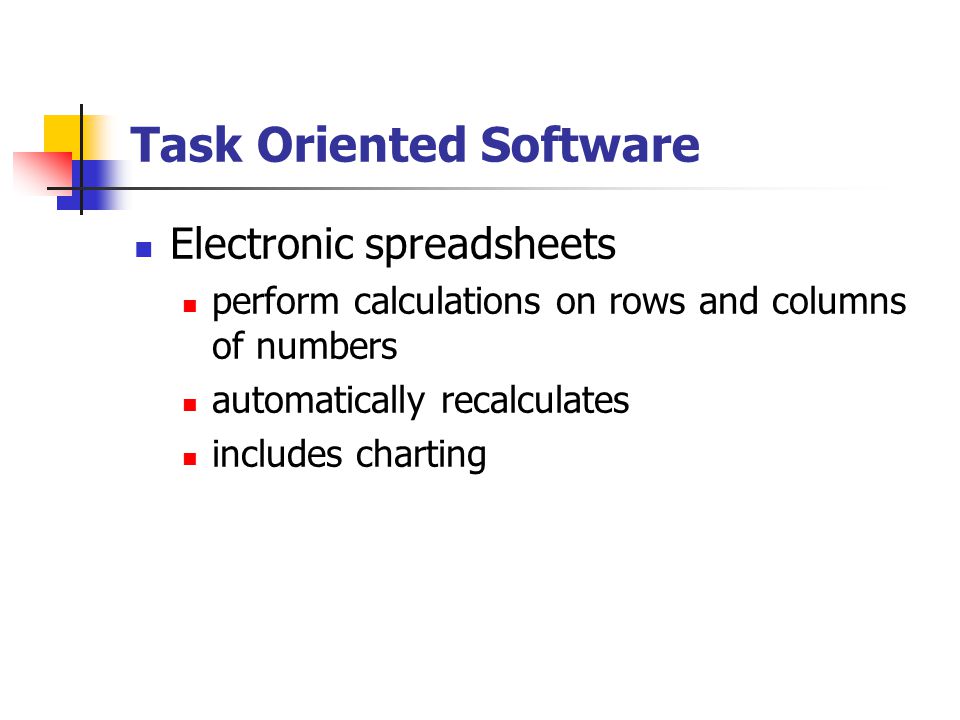 Task Oriented Software Electronic spreadsheets perform calculations on rows and columns of numbers automatically recalculates includes charting