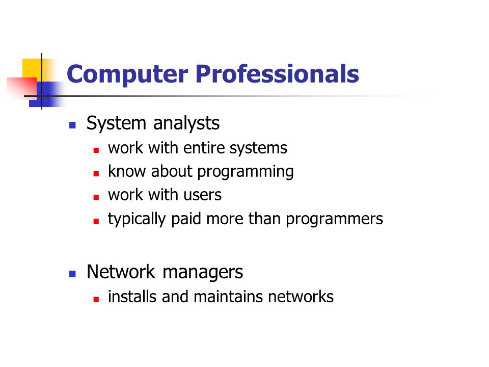 Computer Professionals System analysts work with entire systems know about programming work with users typically paid more than programmers Network managers installs and maintains networks