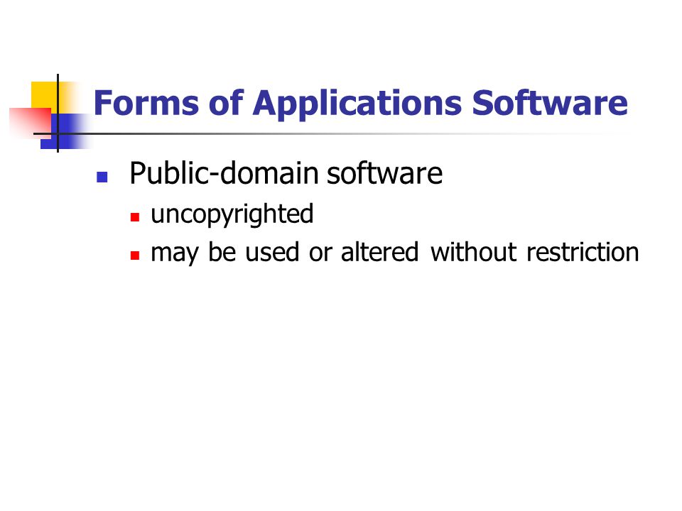 Forms of Applications Software Public-domain software uncopyrighted may be used or altered without restriction