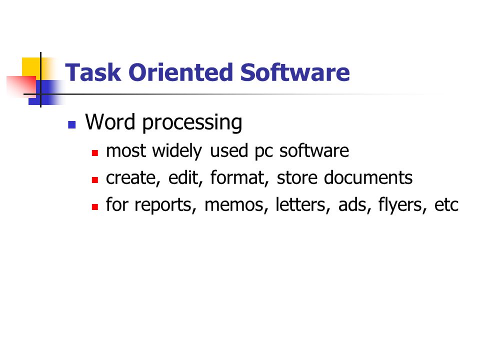 Task Oriented Software Word processing most widely used pc software create, edit, format, store documents for reports, memos, letters, ads, flyers, etc