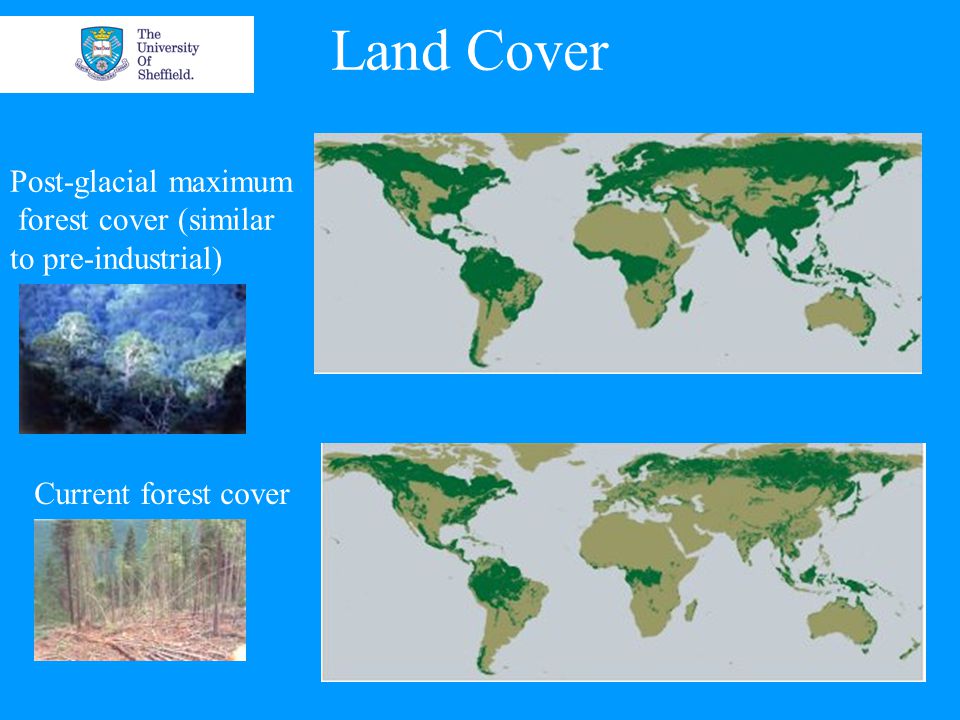 Land Cover Post-glacial maximum forest cover (similar to pre-industrial) Current forest cover