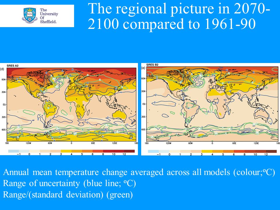 The regional picture in compared to Annual mean temperature change averaged across all models (colour; o C) Range of uncertainty (blue line; o C) Range/(standard deviation) (green)