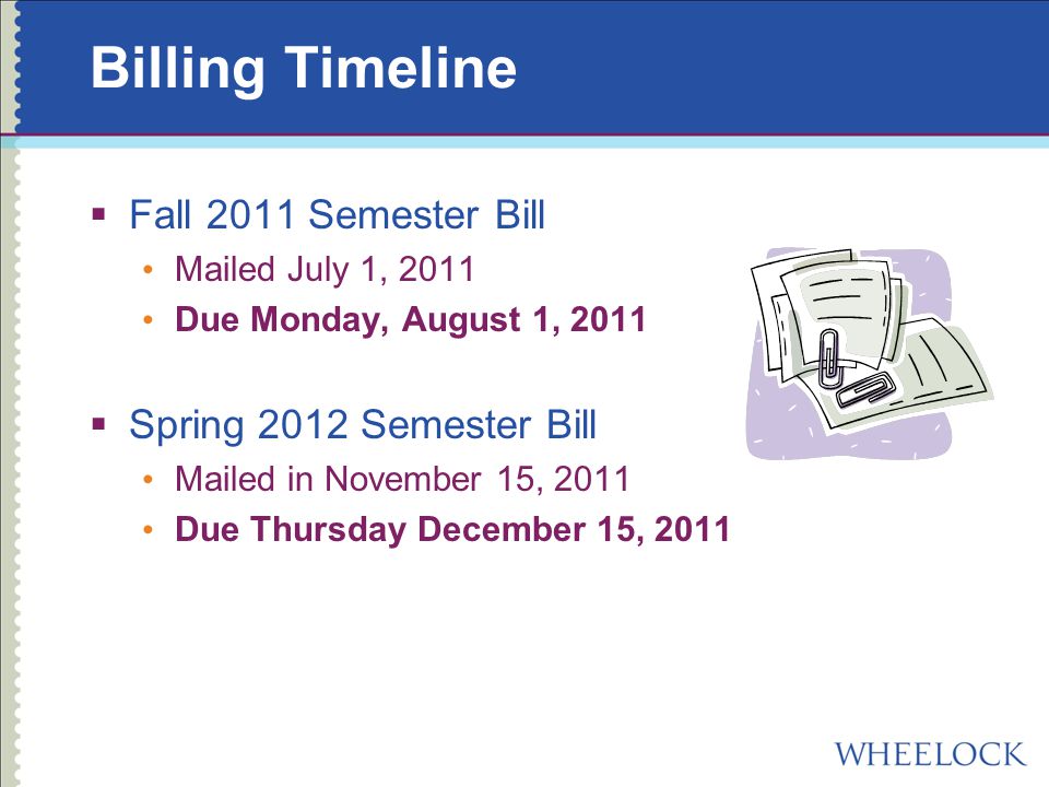 Billing Timeline  Fall 2011 Semester Bill Mailed July 1, 2011 Due Monday, August 1, 2011  Spring 2012 Semester Bill Mailed in November 15, 2011 Due Thursday December 15, 2011