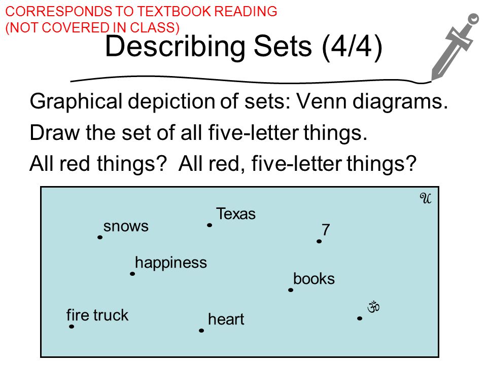 Describing Sets (4/4) Graphical depiction of sets: Venn diagrams.