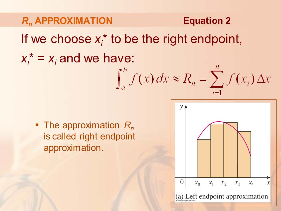 If we choose x i * to be the right endpoint, x i * = x i and we have:  The approximation R n is called right endpoint approximation.