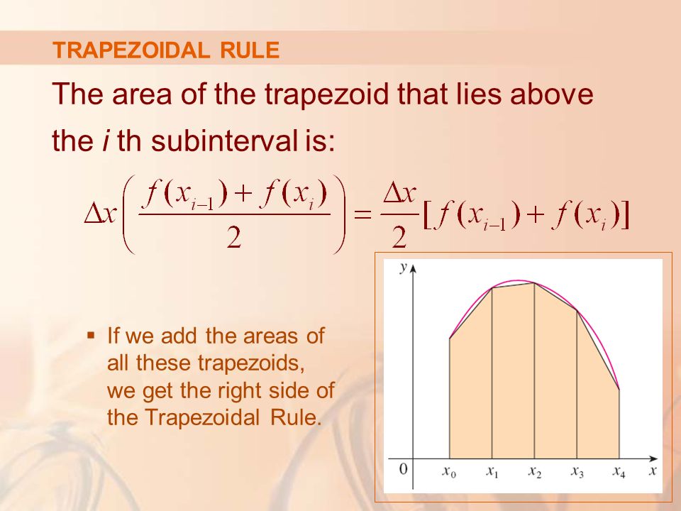 TRAPEZOIDAL RULE The area of the trapezoid that lies above the i th subinterval is:  If we add the areas of all these trapezoids, we get the right side of the Trapezoidal Rule.