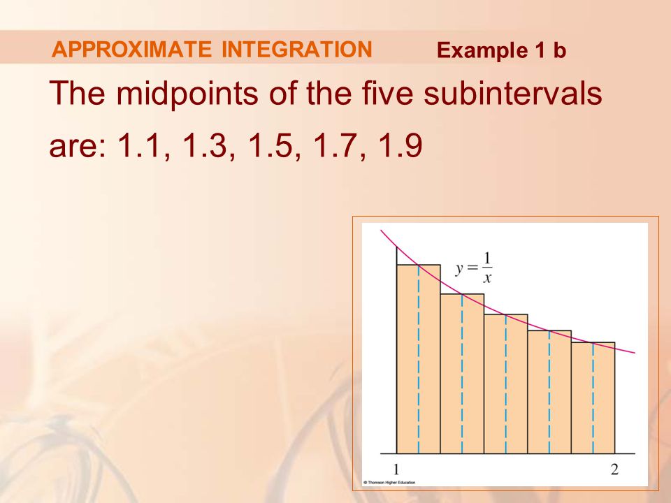APPROXIMATE INTEGRATION The midpoints of the five subintervals are: 1.1, 1.3, 1.5, 1.7, 1.9 Example 1 b