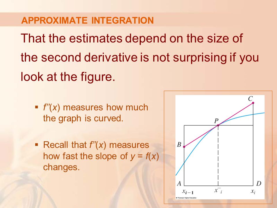 APPROXIMATE INTEGRATION That the estimates depend on the size of the second derivative is not surprising if you look at the figure.