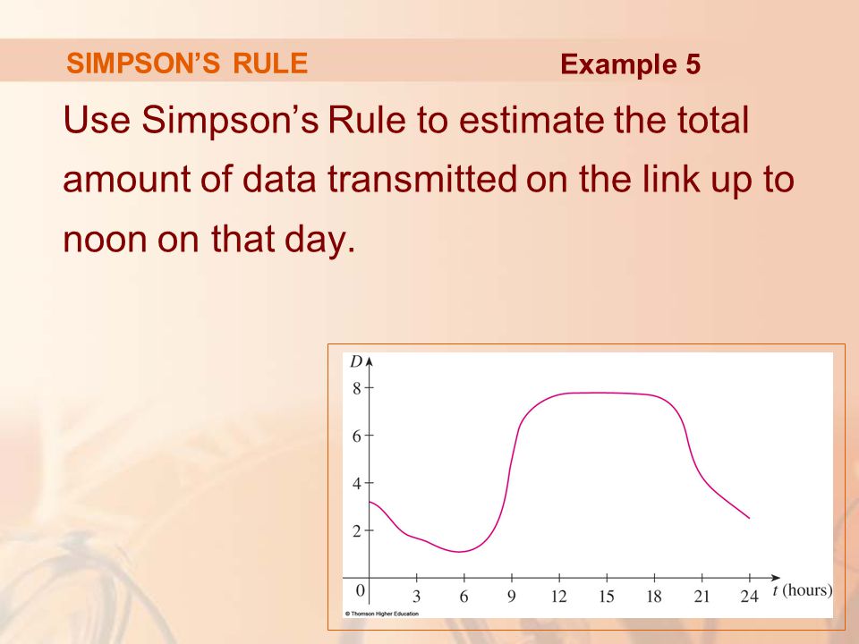 SIMPSON’S RULE Use Simpson’s Rule to estimate the total amount of data transmitted on the link up to noon on that day.