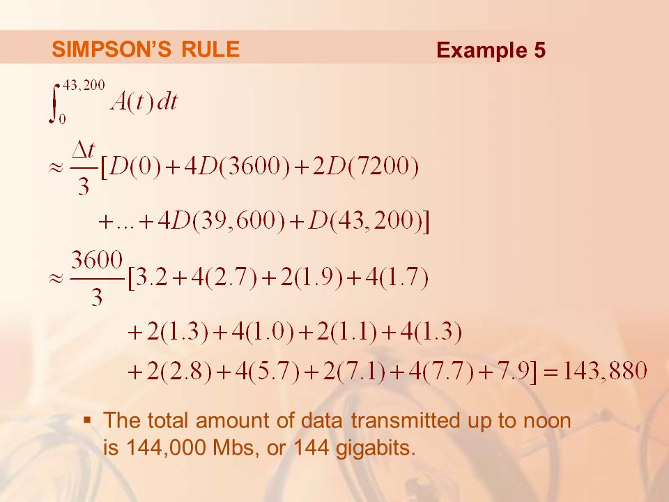 SIMPSON’S RULE Example 5  The total amount of data transmitted up to noon is 144,000 Mbs, or 144 gigabits.