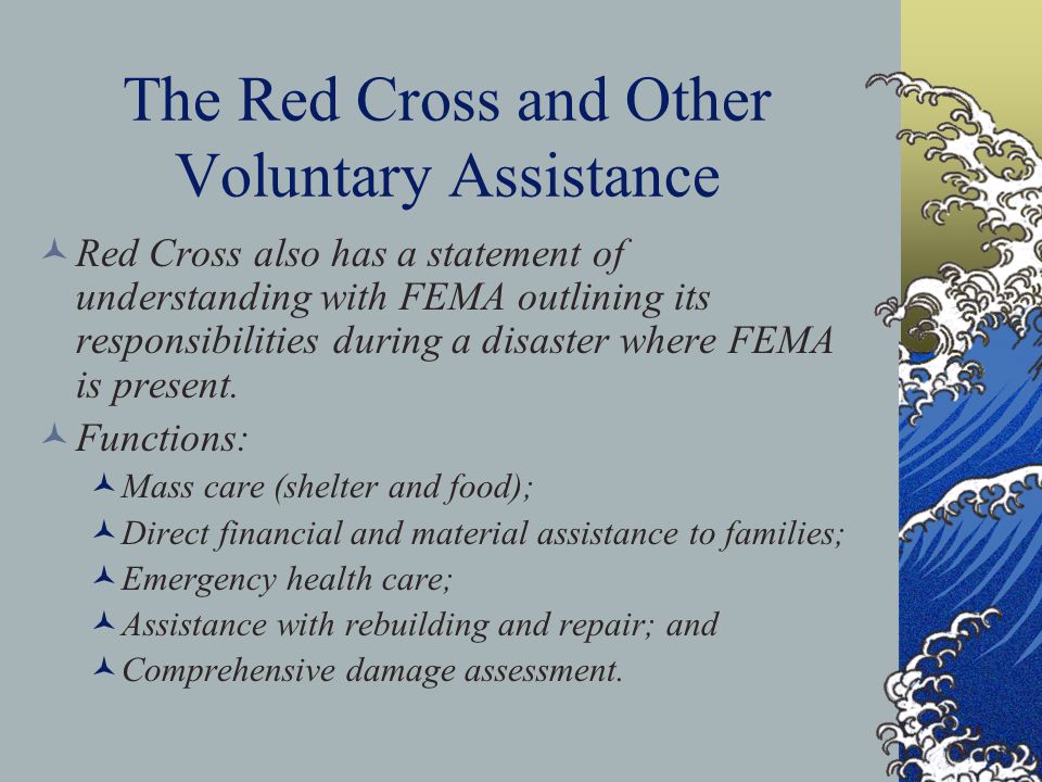 The Red Cross and Other Voluntary Assistance Red Cross also has a statement of understanding with FEMA outlining its responsibilities during a disaster where FEMA is present.
