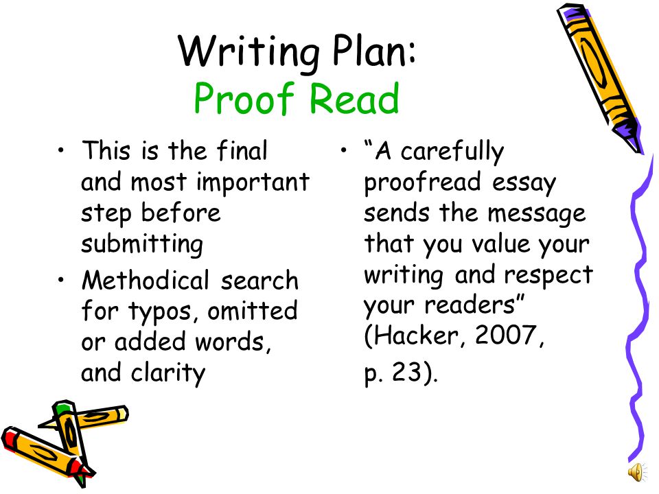 Writing Plan: Revising Regardless of what style of writing you are involved with, you should anticipate revising: ALWAYS CHECK YOUR WORK Areas to check: –Focus/purpose –Organization of content (Sequence) –Completeness of content –Grammar and Punctuation –APA format