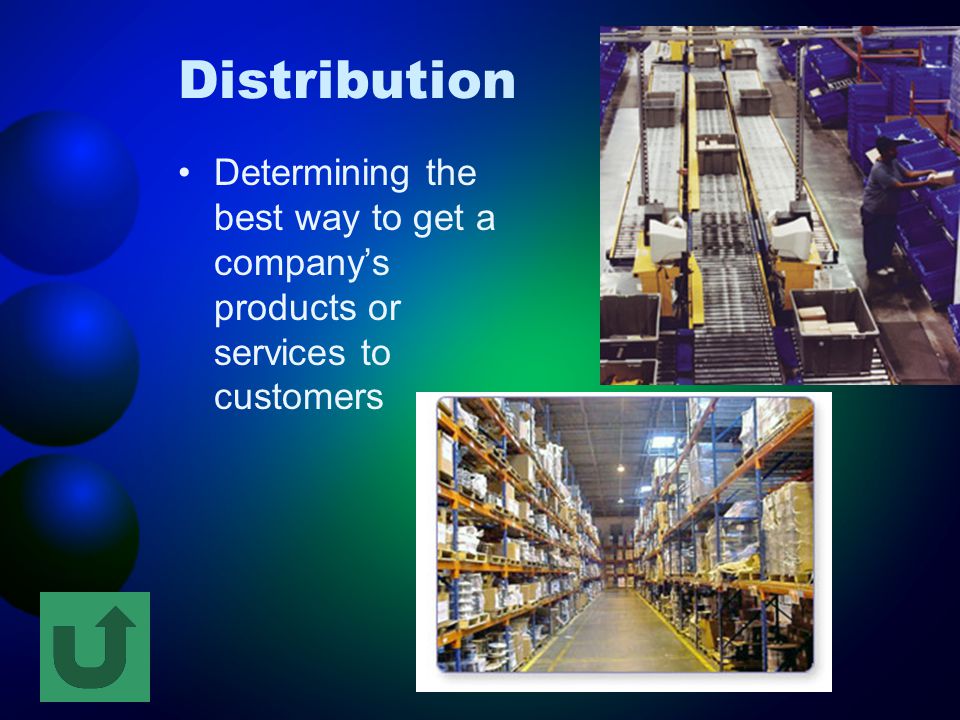 Distribution Determining the best way to get a company’s products or services to customers