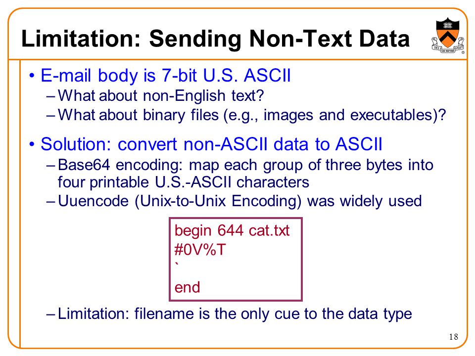 18 Limitation: Sending Non-Text Data  body is 7-bit U.S.