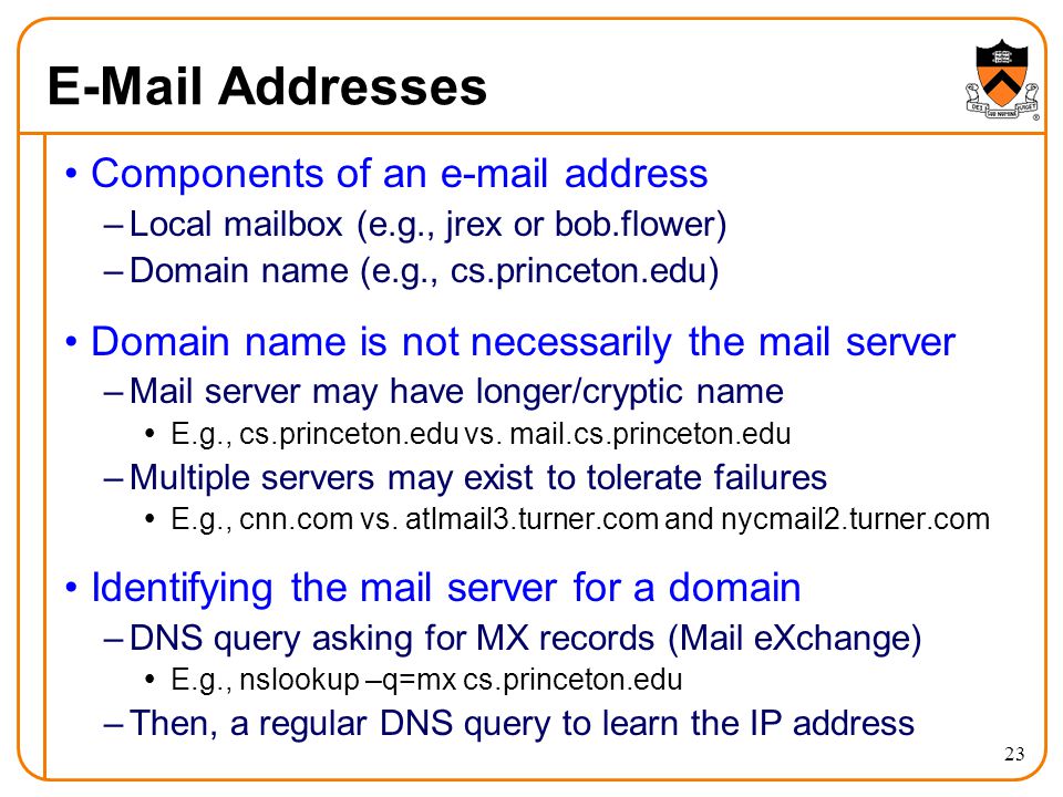 23  Addresses Components of an  address –Local mailbox (e.g., jrex or bob.flower) –Domain name (e.g., cs.princeton.edu) Domain name is not necessarily the mail server –Mail server may have longer/cryptic name  E.g., cs.princeton.edu vs.