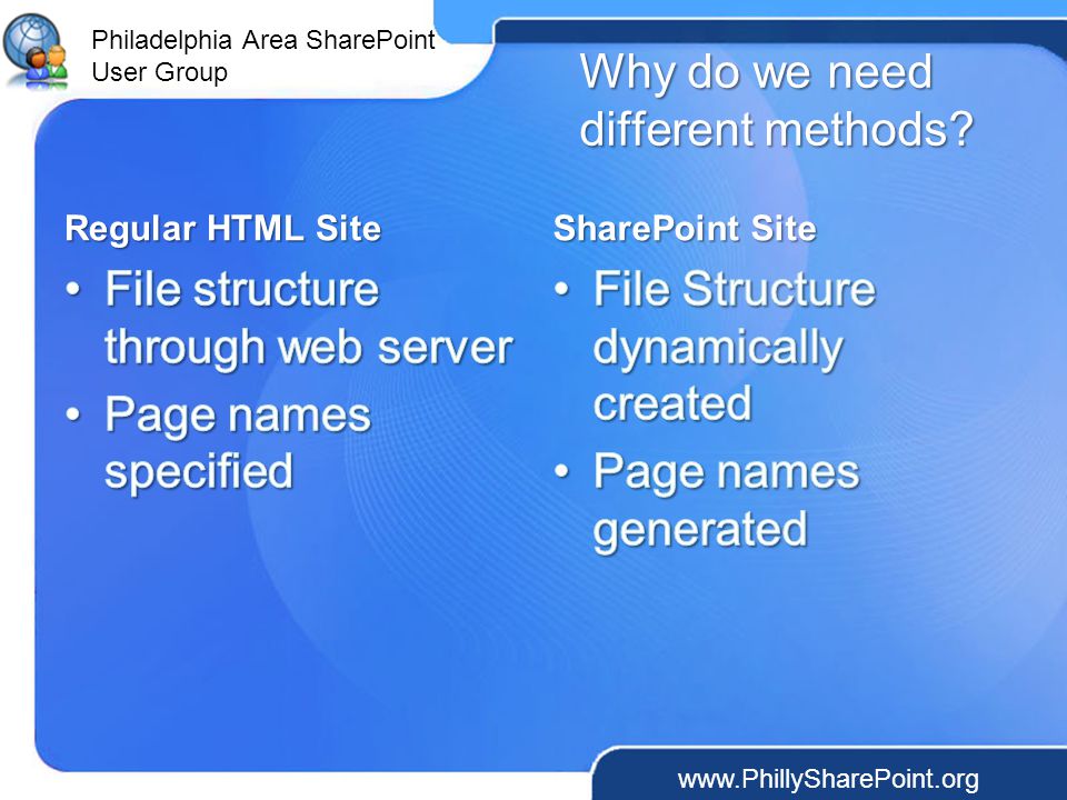 Philadelphia Area SharePoint User Group Why do we need different methods.