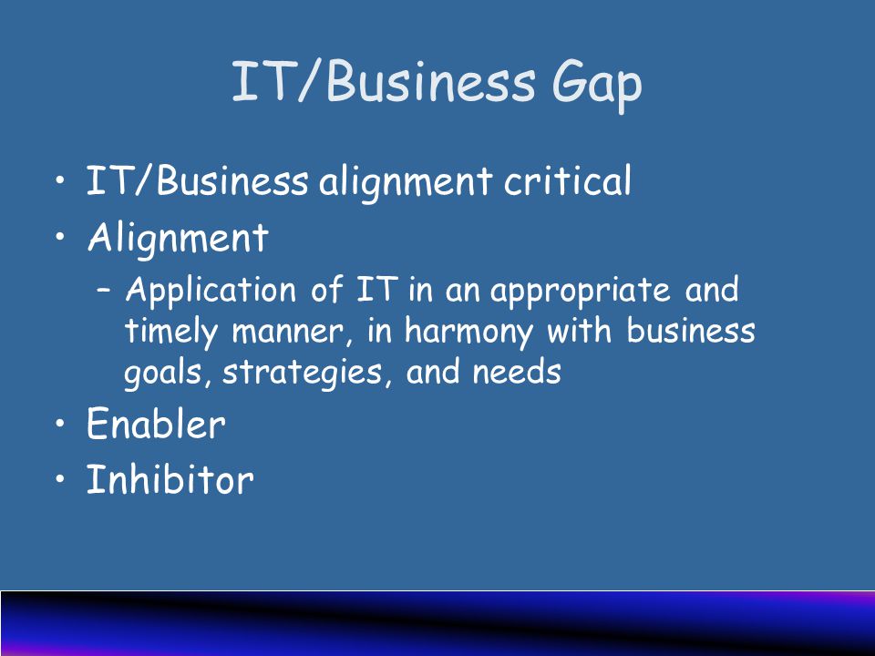 IT/Business Gap IT/Business alignment critical Alignment –Application of IT in an appropriate and timely manner, in harmony with business goals, strategies, and needs Enabler Inhibitor