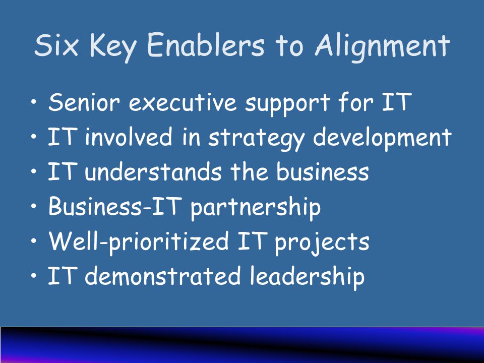 Six Key Enablers to Alignment Senior executive support for IT IT involved in strategy development IT understands the business Business-IT partnership Well-prioritized IT projects IT demonstrated leadership