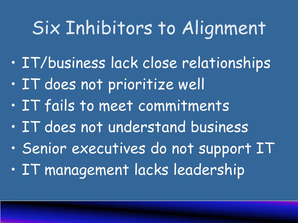 Six Inhibitors to Alignment IT/business lack close relationships IT does not prioritize well IT fails to meet commitments IT does not understand business Senior executives do not support IT IT management lacks leadership