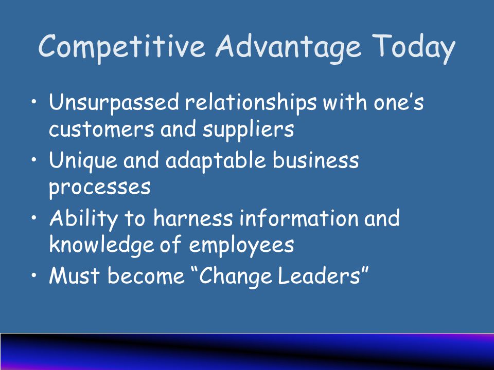 Competitive Advantage Today Unsurpassed relationships with one’s customers and suppliers Unique and adaptable business processes Ability to harness information and knowledge of employees Must become Change Leaders