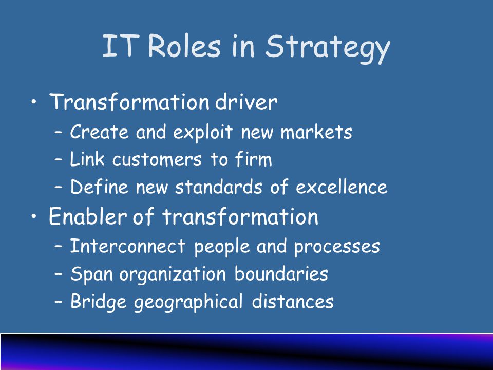 IT Roles in Strategy Transformation driver –Create and exploit new markets –Link customers to firm –Define new standards of excellence Enabler of transformation –Interconnect people and processes –Span organization boundaries –Bridge geographical distances