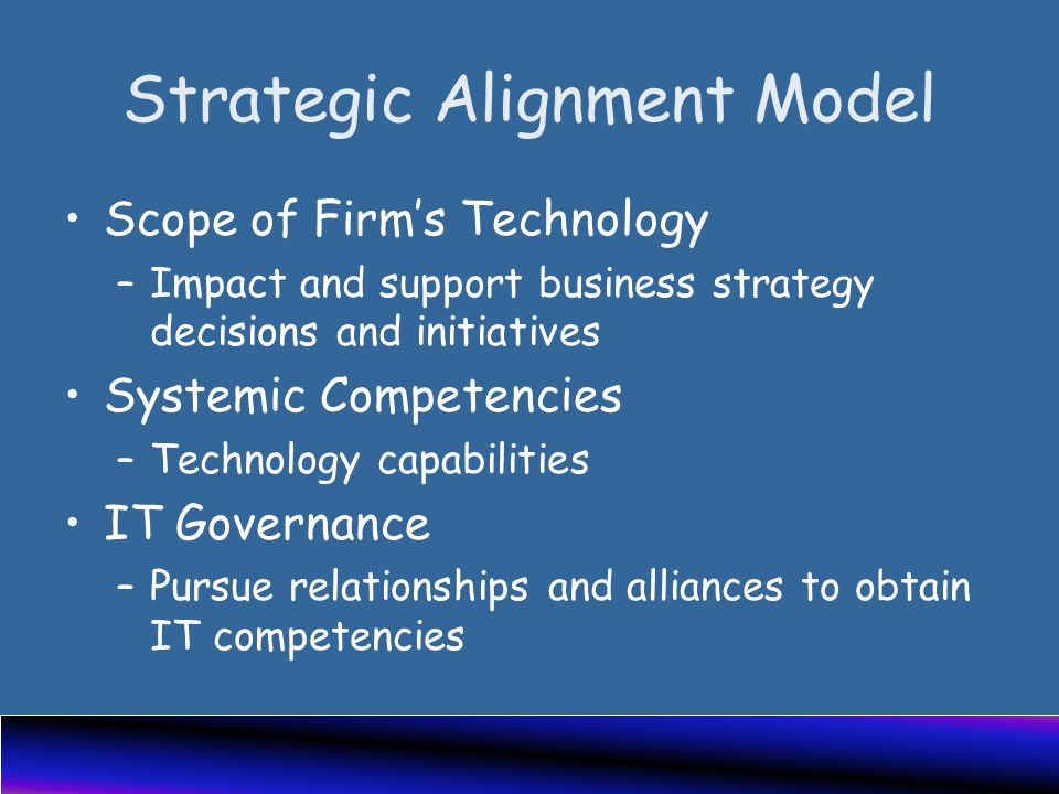 Strategic Alignment Model Scope of Firm’s Technology –Impact and support business strategy decisions and initiatives Systemic Competencies –Technology capabilities IT Governance –Pursue relationships and alliances to obtain IT competencies