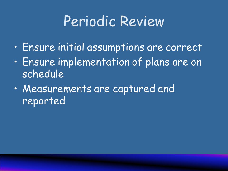 Periodic Review Ensure initial assumptions are correct Ensure implementation of plans are on schedule Measurements are captured and reported