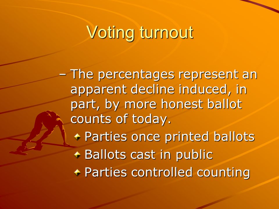 Voting turnout –The percentages represent an apparent decline induced, in part, by more honest ballot counts of today.