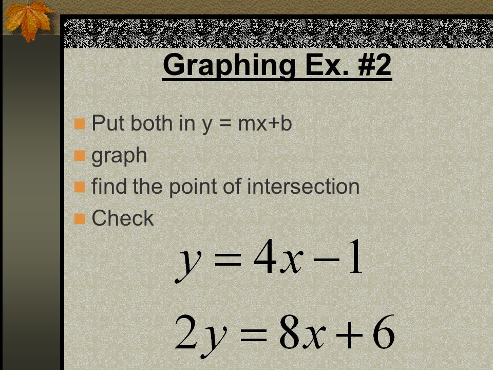 Graphing Ex. #1 Put both in y = mx+b graph find the point of intersection Check