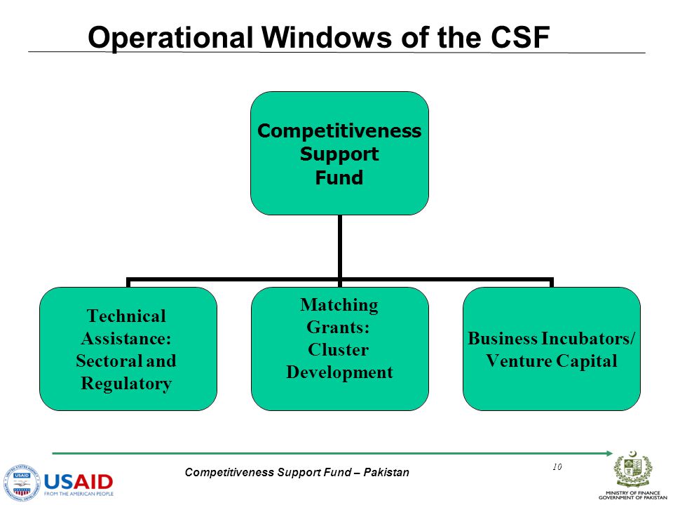 Competitiveness Support Fund – Pakistan 10 Competitiveness Support Fund Technical Assistance: Sectoral and Regulatory Matching Grants: Cluster Development Business Incubators/ Venture Capital Operational Windows of the CSF