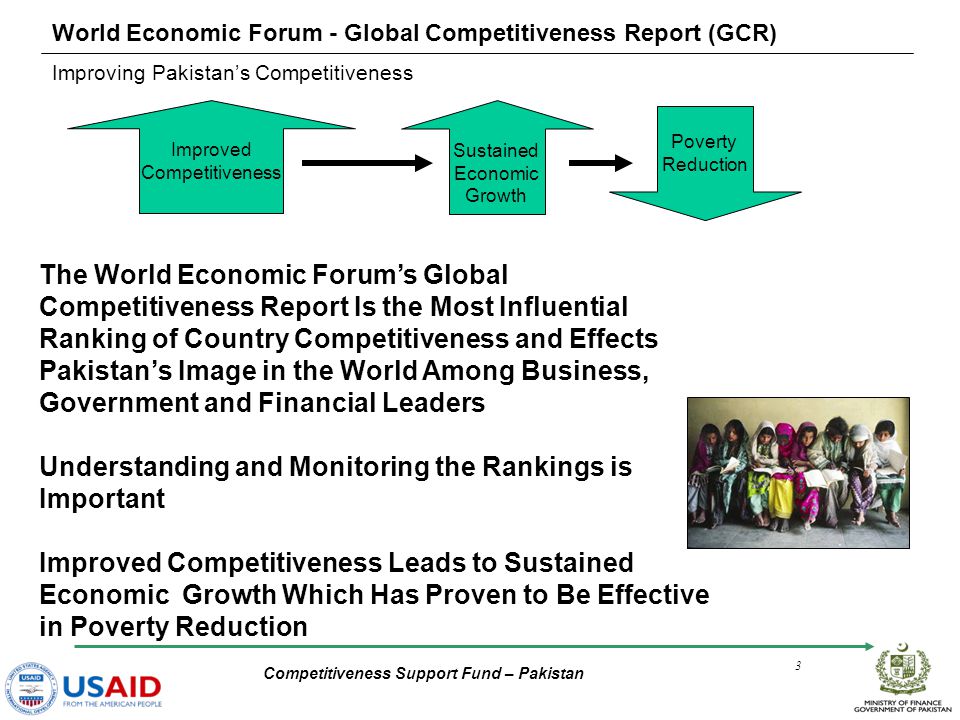 Competitiveness Support Fund – Pakistan 3 World Economic Forum - Global Competitiveness Report (GCR) Improving Pakistan’s Competitiveness The World Economic Forum’s Global Competitiveness Report Is the Most Influential Ranking of Country Competitiveness and Effects Pakistan’s Image in the World Among Business, Government and Financial Leaders Understanding and Monitoring the Rankings is Important Improved Competitiveness Leads to Sustained Economic Growth Which Has Proven to Be Effective in Poverty Reduction Sustained Economic Growth Poverty Reduction Improved Competitiveness