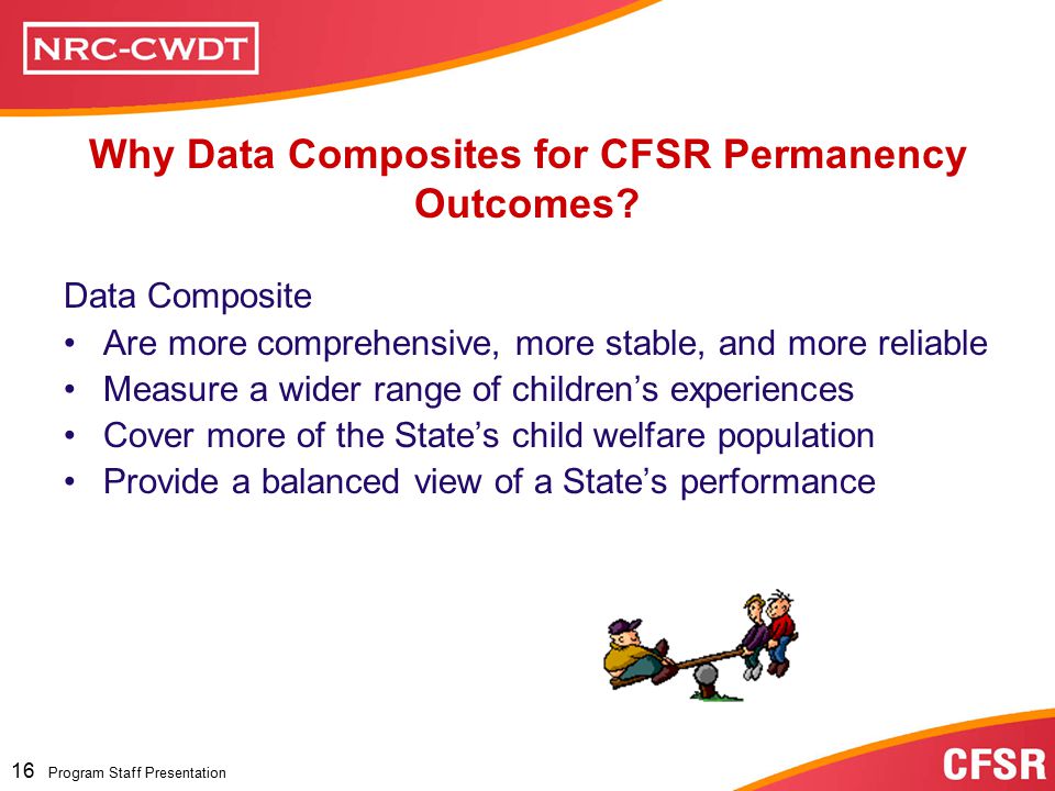 Program Staff Presentation 15 Program Staff Presentation Basic CFSR Terminology Familiar Examples of Composite Scores Course Grade: Each component of a course grade may have a different weight. For example: Test score = 60% Term paper = 25% Class participation = 10% Homework assignments = 5% SAT score: An SAT score represents performance on several subject areas: Critical Reading (Verbal) – Includes passage reading, sentence completion, etc.