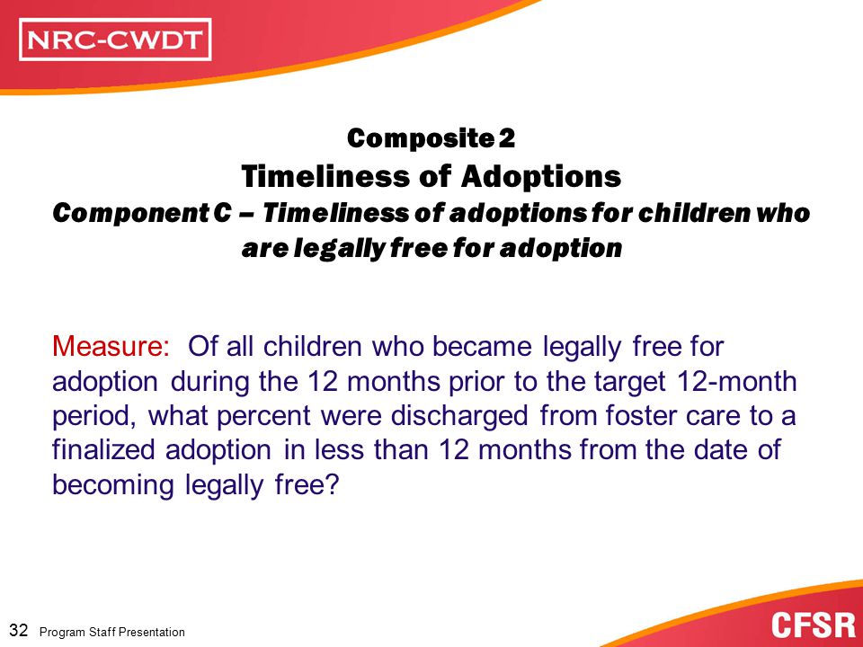 Program Staff Presentation 31 Program Staff Presentation Composite 2 Timeliness of Adoptions Component B – Progress toward adoption for children who have been in care for 17 months or longer Measure 1: Of all children in foster care on the first day of the 12-month target period who were in foster care for 17 continuous months or longer, what percent were discharged from foster care to a finalized adoption by the last day of the 12 month target period.