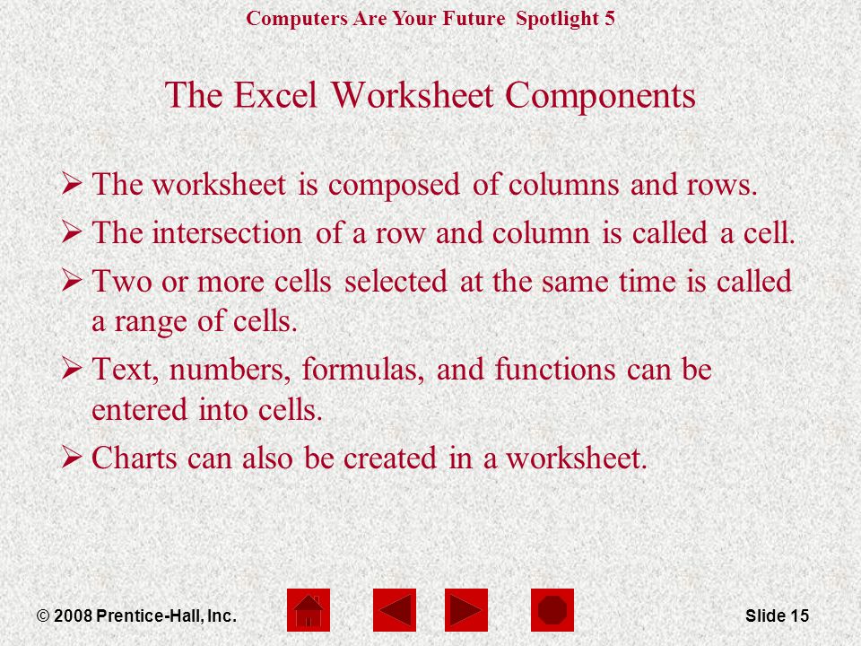 Computers Are Your Future Spotlight 5 © 2008 Prentice-Hall, Inc.Slide 15 The Excel Worksheet Components  The worksheet is composed of columns and rows.