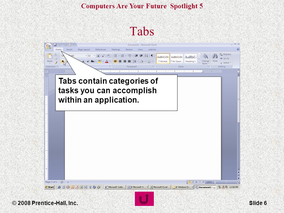 Computers Are Your Future Spotlight 5 © 2008 Prentice-Hall, Inc.Slide 6 Tabs Tabs contain categories of tasks you can accomplish within an application.