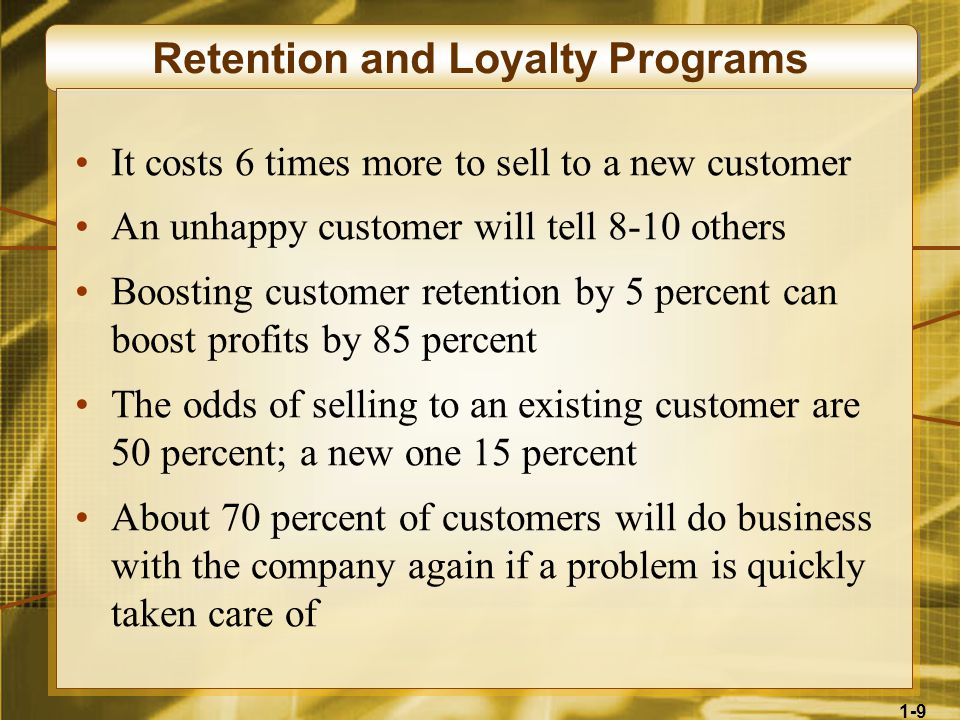 1-9 Retention and Loyalty Programs It costs 6 times more to sell to a new customer An unhappy customer will tell 8-10 others Boosting customer retention by 5 percent can boost profits by 85 percent The odds of selling to an existing customer are 50 percent; a new one 15 percent About 70 percent of customers will do business with the company again if a problem is quickly taken care of