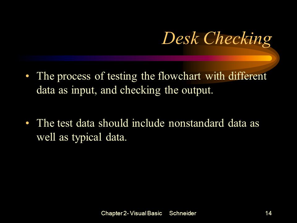 Chapter 2- Visual Basic Schneider14 Desk Checking The process of testing the flowchart with different data as input, and checking the output.