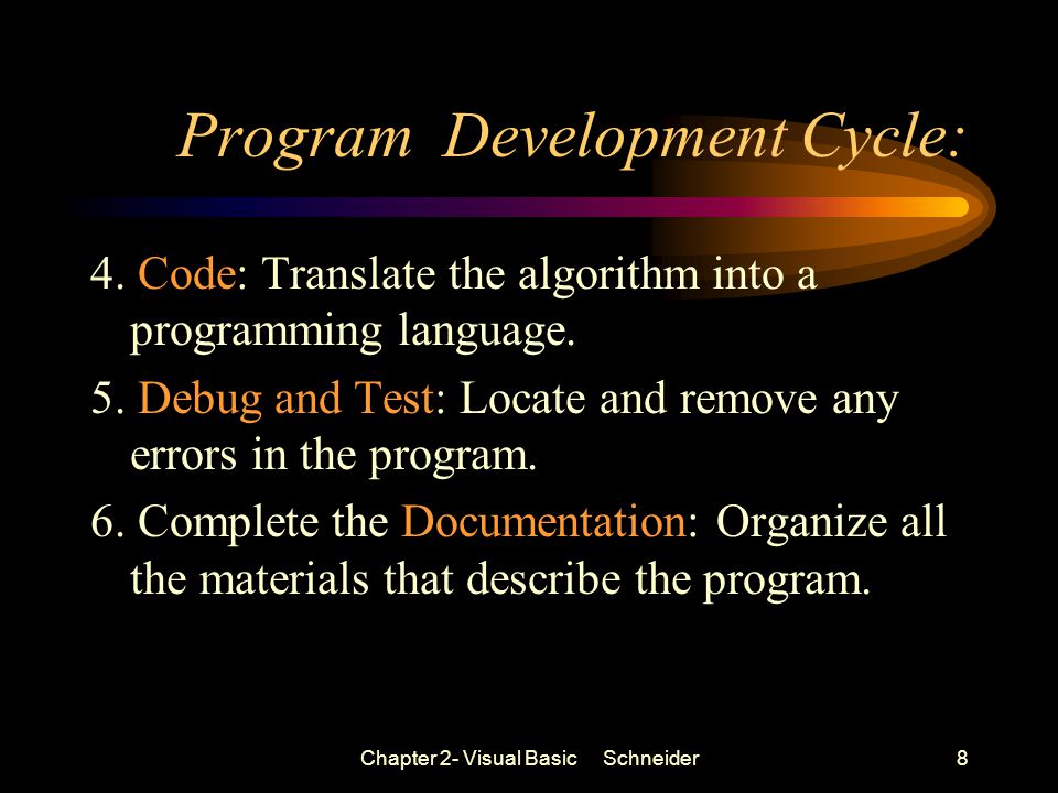 Chapter 2- Visual Basic Schneider8 Program Development Cycle: 4.