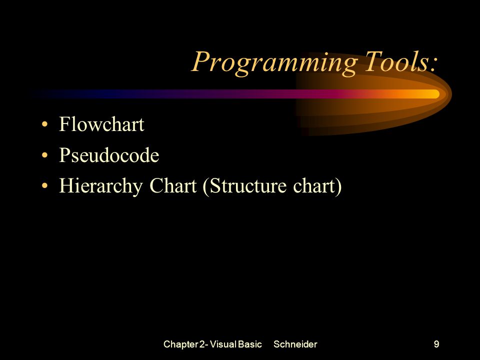 Chapter 2- Visual Basic Schneider9 Programming Tools: Flowchart Pseudocode Hierarchy Chart (Structure chart)
