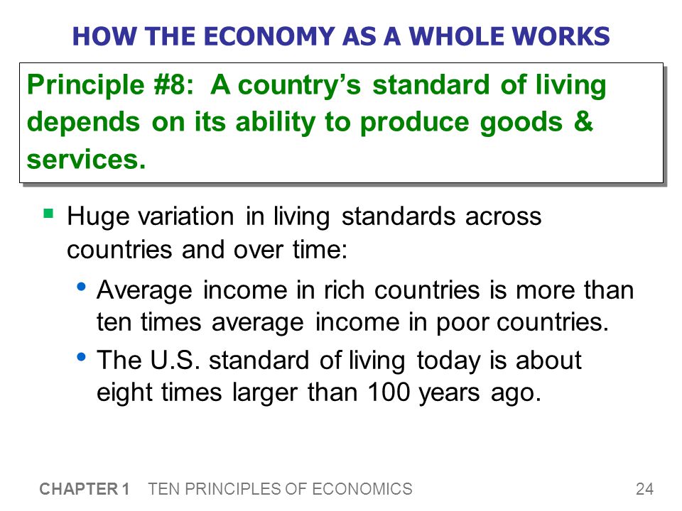24 CHAPTER 1 TEN PRINCIPLES OF ECONOMICS HOW THE ECONOMY AS A WHOLE WORKS  Huge variation in living standards across countries and over time: Average income in rich countries is more than ten times average income in poor countries.