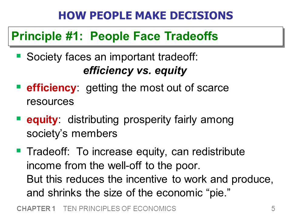 5 CHAPTER 1 TEN PRINCIPLES OF ECONOMICS HOW PEOPLE MAKE DECISIONS  Society faces an important tradeoff: efficiency vs.