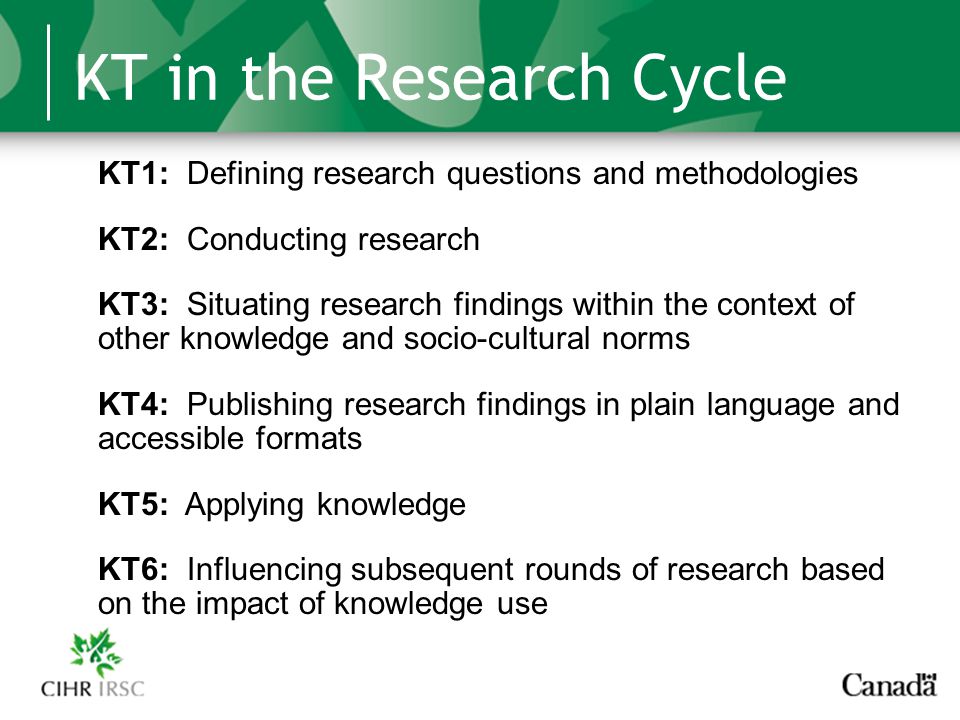 KT in the Research Cycle KT1: Defining research questions and methodologies KT2: Conducting research KT3: Situating research findings within the context of other knowledge and socio-cultural norms KT4: Publishing research findings in plain language and accessible formats KT5: Applying knowledge KT6: Influencing subsequent rounds of research based on the impact of knowledge use