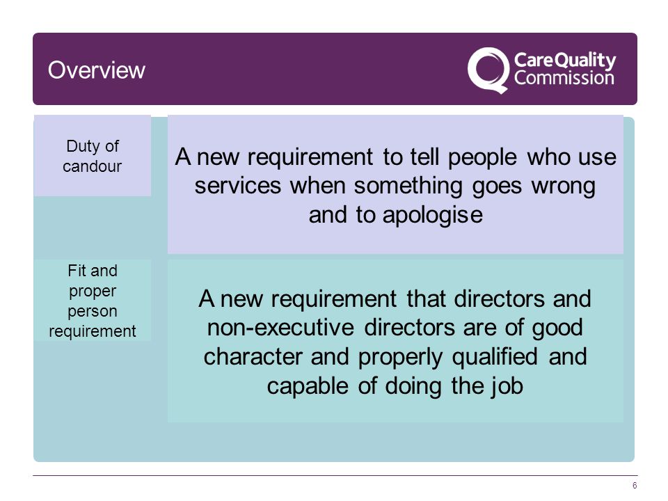 6 Overview Duty of candour Fit and proper person requirement A new requirement to tell people who use services when something goes wrong and to apologise A new requirement that directors and non-executive directors are of good character and properly qualified and capable of doing the job