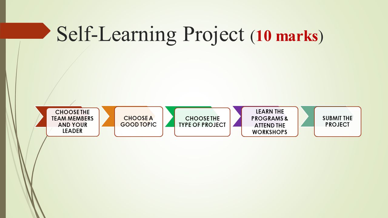 CHOOSE THE TEAM MEMBERS AND YOUR LEADER CHOOSE A GOOD TOPIC CHOOSE THE TYPE OF PROJECT LEARN THE PROGRAMS & ATTEND THE WORKSHOPS SUBMIT THE PROJECT Self-Learning Project (10 marks)
