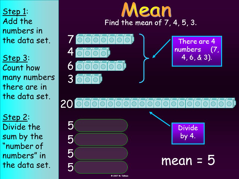 Find the mean of 7, 4, 5, Step 1: Add the numbers in the data set.