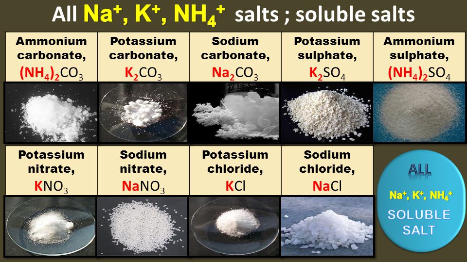 Potassium carbonate, K 2 CO 3 Sodium carbonate, Na 2 CO 3 Ammonium carbonate, (NH 4 ) 2 CO 3 Potassium sulphate, K 2 SO 4 Potassium chloride, KCl Potassium nitrate, KNO 3 Sodium nitrate, NaNO 3 Sodium chloride, NaCl Ammonium sulphate, (NH 4 ) 2 SO 4