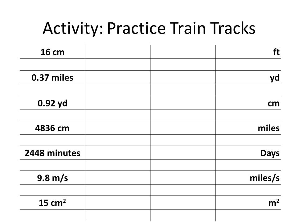 Dimensional Analysis October 14 In Look At These Dominos Think 7 Activity Practice Train Tracks 16 Cmft 0 37 Milesyd 92 Ydcm 4836 Cmmiles 2448 Minutesdays 9 8 M Smiles S 15 Cm 2 M2m2