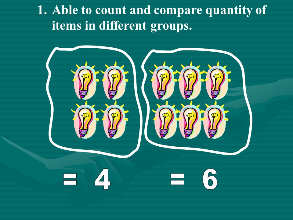 Able to count and compare quantity of items in different groups.